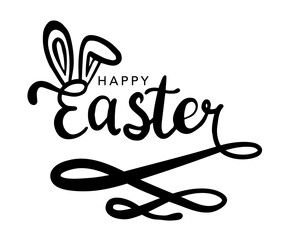 Poster - Happy Easter hand writing lettering with bunny ears. Modern black vector brush calligraphy banner with swashes on transparent background. Easter font design for holiday greeting card, banner, invite