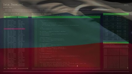 Poster - Waving Russian flag with animation of computer code and data terminal interface