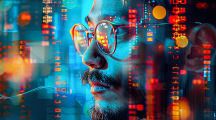 Poster - A thoughtful man sporting glasses gazes at vibrant digital data streams, symbolizing technology and human emotion in a modern world.