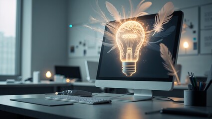 Poster - Creative workspace featuring glowing light bulb illustration on computer screen in modern office setting
