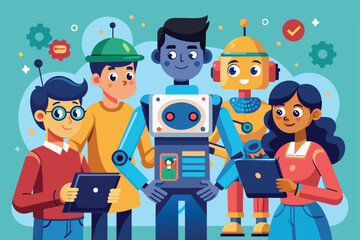 Poster - A group of diverse students interacts with customizable robots, showcasing creativity and innovation, People using robots Customizable Cartoon Illustration