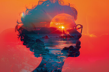 Poster - This captivating image features a silhouette of a person against a radiant sunset reflected on the ocean's surface, embracing tranquility.
