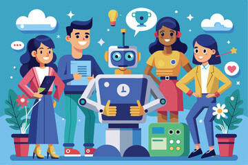 Poster - a group of four individuals interacts with customizable robots in a colorful, friendly setting, peop