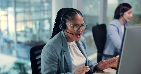 Poster - Businesswoman, computer and talking with mic for call center, sales research and consulting with client. Coworking, female consultant or headset in office for customer service, CRM help or discussion