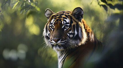 Wall Mural - majestic tiger with alert ears and strong gaze in lush greenery
