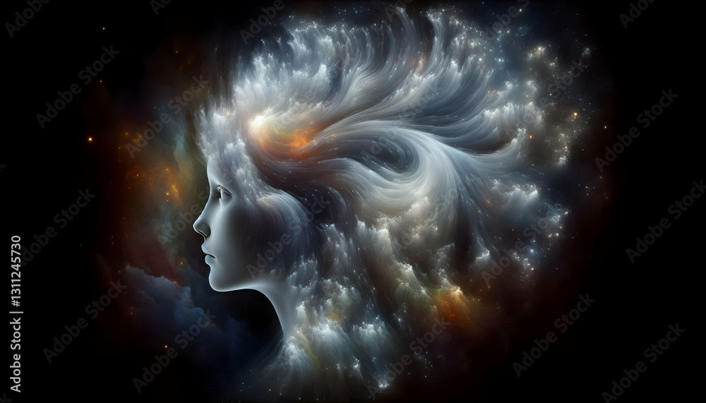 Consciousness A surreal profile of a human head, formed entirely from ...