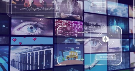 Poster - Data processing animation over digital interface with technology and eye visuals
