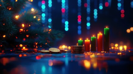 Poster - Christmas candles and coins, chart pattern, festive background, stock photo