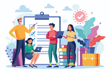Poster - A diverse group of individuals collaborates on important guidelines in a bright office environment, People with rules simple, Men and woman near notepad with tasks,