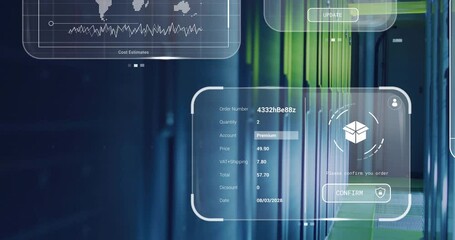 Poster - Animation of digital transaction interface overlaying data center servers with graphs