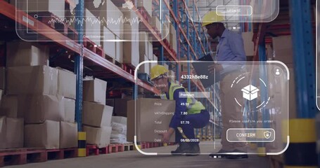 Poster - Organizing boxes in warehouse, workers using digital inventory management system