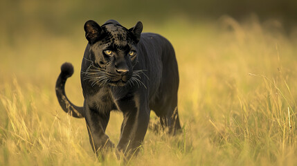 Wall Mural - black leopard standing tall in golden grass, looking alert