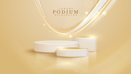 Wall Mural - Elegant white empty podium for displaying products with sparkling golden curve elements decorated with glowing effect and bokeh.