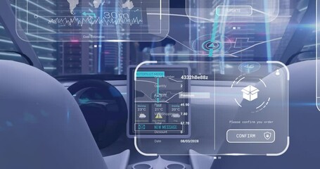 Poster - Autopilot mode and animation on futuristic car dashboard in cityscape