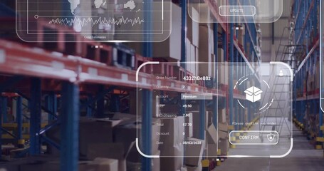 Poster - In warehouse, digital interface displaying order details and analytics in animation