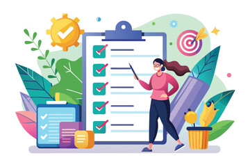 Poster - A focused individual stands beside a customizable checklist for personal goals in a vibrant workspace, Personal goals checklist Customizable Disproportionate Illustration
