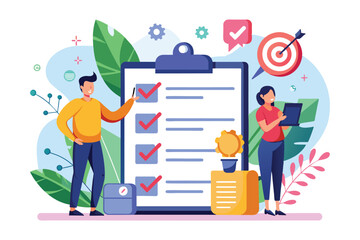 Poster - A colorful checklist is shown, featuring individuals engaged in setting personal goals and tracking progress, Personal goals checklist Customizable Flat Illustration