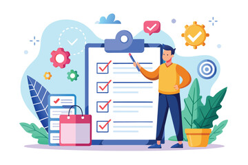 Poster - A man stands beside a checklist in a colorful workspace, actively marking off personal goals and tasks, Personal goals checklist Customizable Semi Flat Illustration