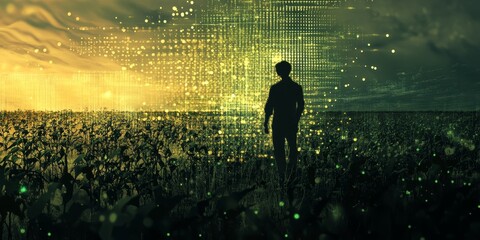 Poster - Person in Field Surrounded by Digital Data Visualization Concept