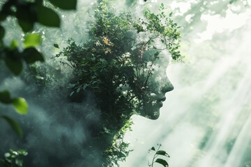 Poster - Ethereal Female Face Formed by Lush Greenery in Misty Forest Light