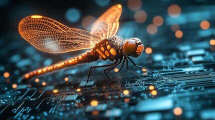 Poster - digital dragonfly on circuit board, glowing, tech background, innovation concept