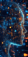 Poster - futuristic human profile with digital data flow and neon lights