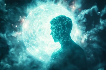 Poster - Silhouette of Person with Digital Network against Cosmic Background