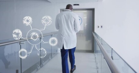 Poster - Doctor walking in hospital corridor with digital network animation overlay