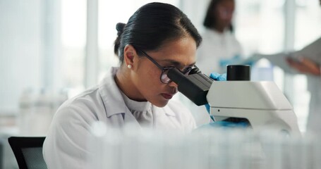 Poster - Lab, scientist and woman with glasses, microscope and medical research for breakthrough with tech. Healthcare, serious and person with equipment for science, examination and diagnosis of diseases