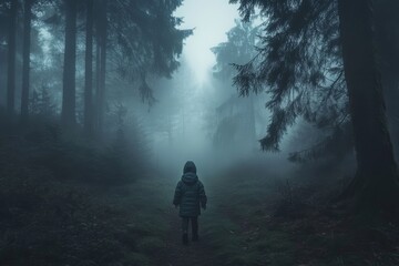 Poster - A Child Walking in a Foggy Forest Surrounded by Tall Trees