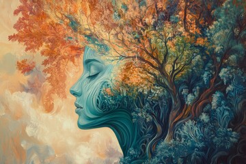 Poster - Serene Nature Portrait with Tree and Facial Elements in Harmony