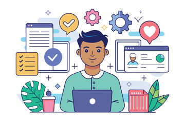 Poster - A person engages with various digital tools and customizable settings in a modern workspace setup, Personal settings Customizable Disproportionate Illustration