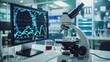 © Silmiart - Modern scientific laboratory workspace with microscope and computer displaying data.  Ideal for research, technology, and science concepts.
