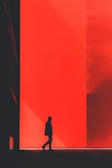 Poster - Silhouette of Man Walking Against Stark Red Wall in Urban Setting
