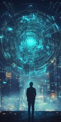 Poster - Futuristic Urban Landscape at Night with Glowing Abstract Patterns and a Silhouette of a Man