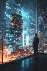 Poster - A man stands in front of a window looking out at a cityscape
