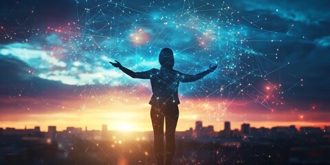 Wall Mural - A woman is standing in the middle of a city at sunset
