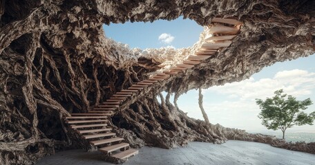 Poster - An architectural setting with a smooth, dark, and abstract interior, rendered in 3D, featuring a combination of concrete and wood elements
