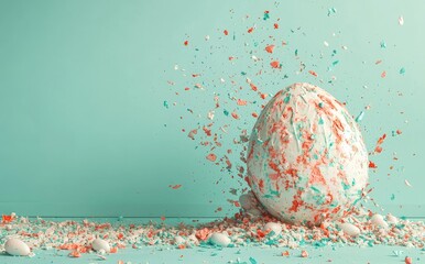 Poster - The image features a 3D render with an abstract background, a ball, and primitive geometric shapes, all presented in a pastel color palette with a simple mockup and minimal design elements
