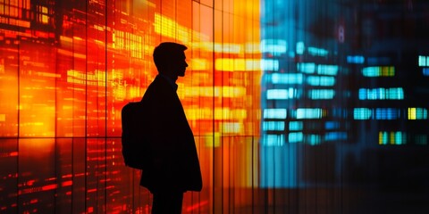 Poster - A man stands in front of a colorful wall with a backpack on