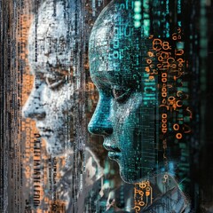 Poster - Digital Portrait of Two Abstract Human Faces with Code Elements