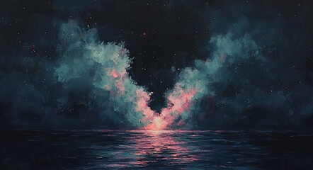 Poster - in the night view, a dark empty scene is bathed in the light of a blue neon searchlight, with wet as
