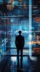 Poster - A man stands in front of a city skyline, looking out a window