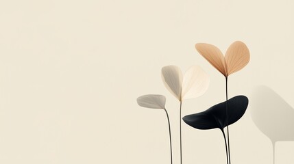 Poster - Minimalist arrangement of abstract leaves in neutral tones against a light background in a contemporary setting