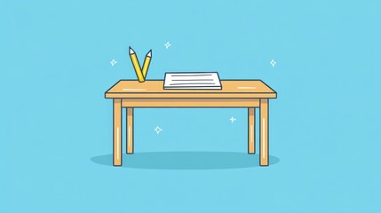 Poster - Simple wooden table with pencils and paper; flat design;  office supplies; illustration; background; potential use educational material