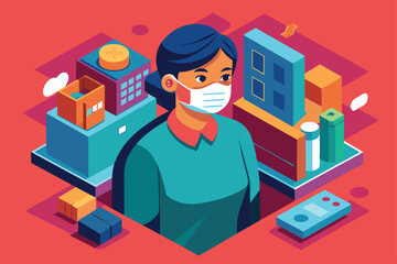 Poster - A person dons a customizable medical mask while standing amid vibrant isometric structures and containers, Person with medical mask Customizable Isometric Illustration