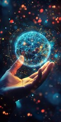 Poster - hand holding a glowing sphere with network and light effects