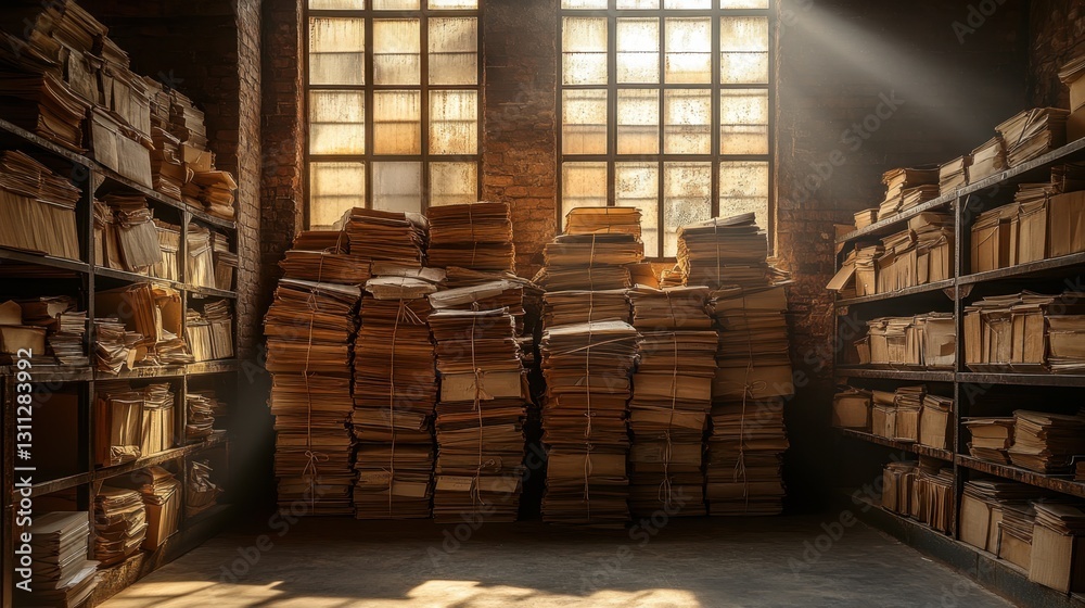 Old paper files stacked in an aged archive dusty room photography ...