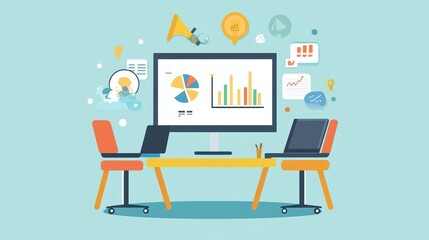 Poster - Modern workspace, meeting, data presentation, flat design