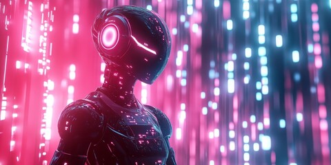 Poster - Futuristic humanoid robot with neon lights in a cyberpunk setting